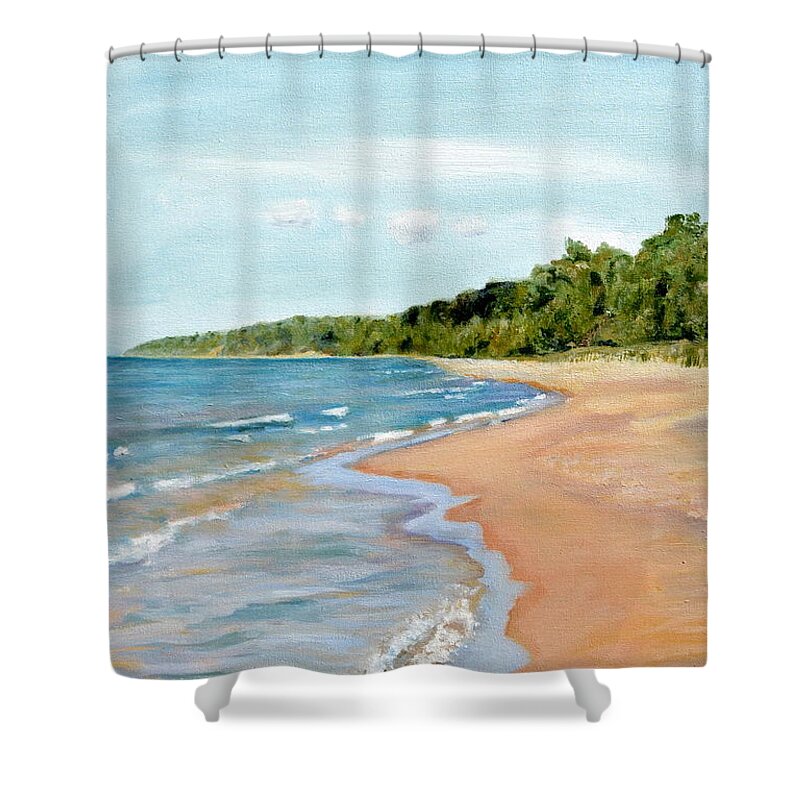 Beach Shower Curtain featuring the painting Peaceful Beach at Pier Cove by Michelle Calkins