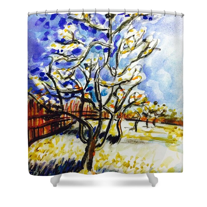  Shower Curtain featuring the painting Peach tree by Hae Kim