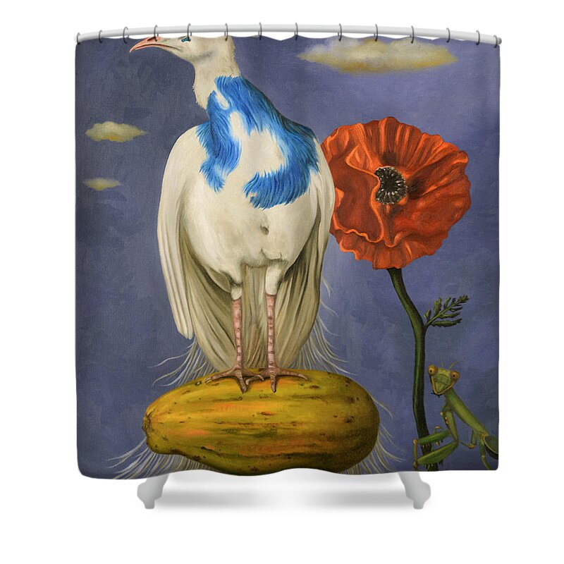 Peacock Shower Curtain featuring the painting Peacock On A Papaya pro image by Leah Saulnier The Painting Maniac