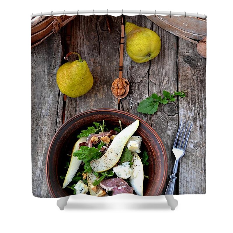 Wood Shower Curtain featuring the photograph Pears And Gorgonzolla Salad by Zoryana Ivchenko