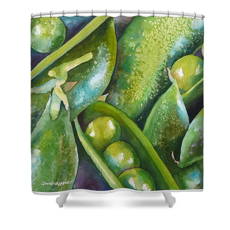 Pea Painting Shower Curtain featuring the painting Peas in a Pod by Anne Gifford