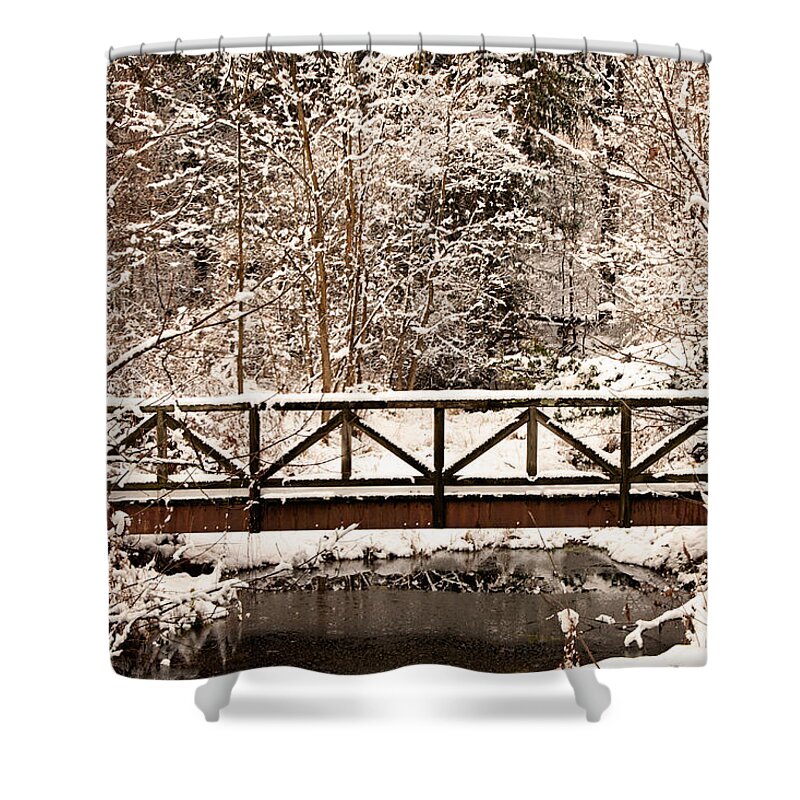 Winter Shower Curtain featuring the photograph Pedestrian bridge in the snow by Michael Porchik