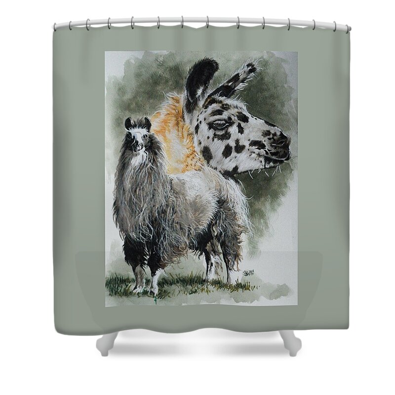 Llama Shower Curtain featuring the mixed media Peevish by Barbara Keith