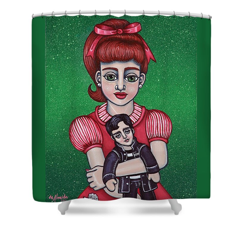 1950s Shower Curtain featuring the painting Peggy Sue Holding The King by Victoria De Almeida