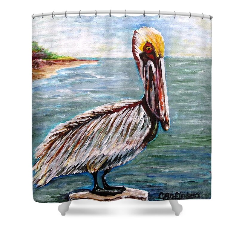 Pelican Shower Curtain featuring the painting Pelican Pointe by Carol Allen Anfinsen
