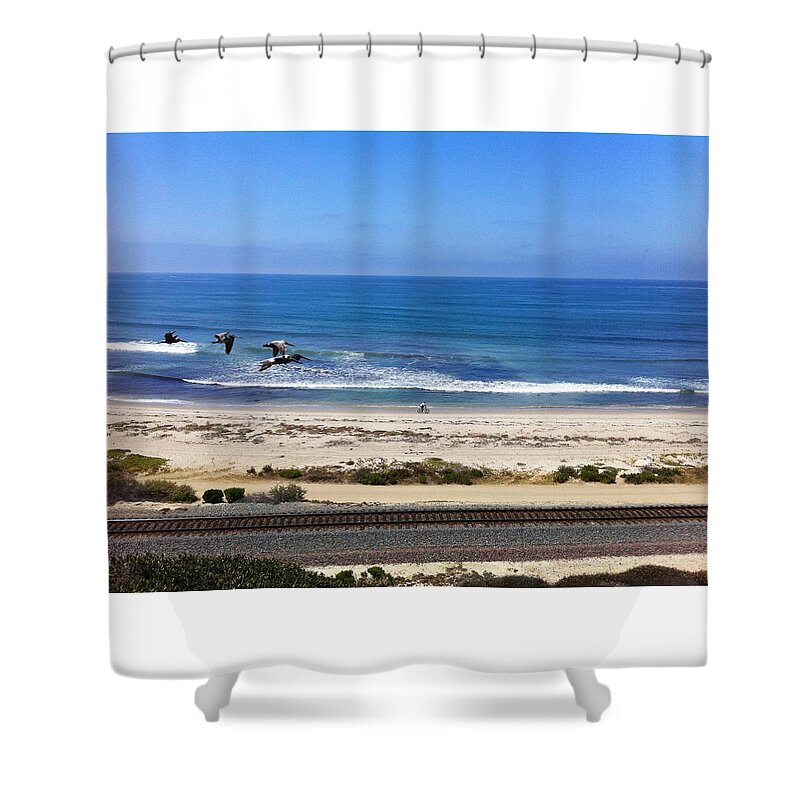 Photography Framed Prints Shower Curtain featuring the photograph Pelicans and Rider by Paul Carter