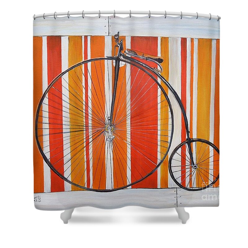High Wheeler Shower Curtain featuring the painting Penny-farthing by Marilyn McNish