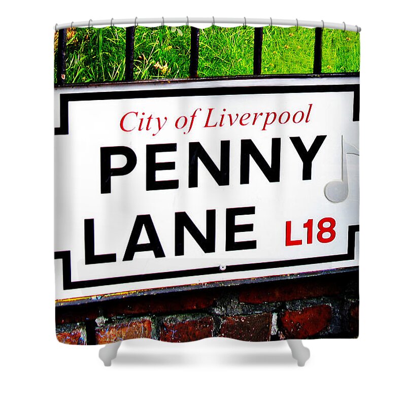Sign Shower Curtain featuring the photograph Penny Lane sign Liverpool England with musical note by Tom Conway