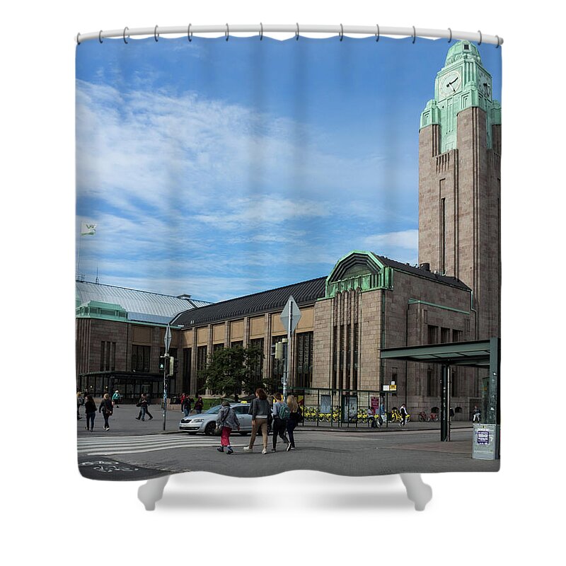 Photography Shower Curtain featuring the photograph People Outside Of Helsinki Central by Panoramic Images