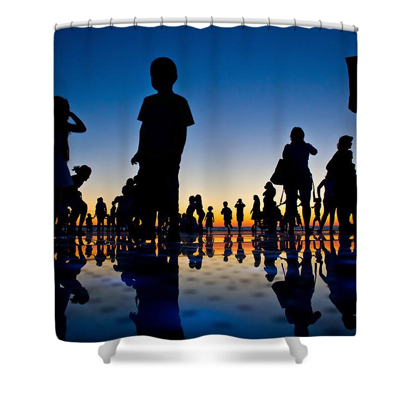 Adriatic Shower Curtain featuring the photograph People reflections on colorful sunset by Brch Photography