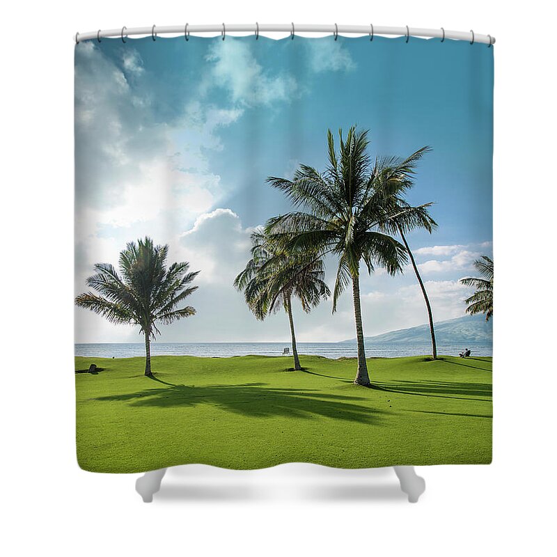 Tranquility Shower Curtain featuring the photograph Perfect Lawn, Palm Trees, Seashore by Ed Freeman