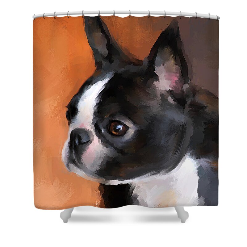Animal Shower Curtain featuring the painting Perky Boston Terrier by Jai Johnson