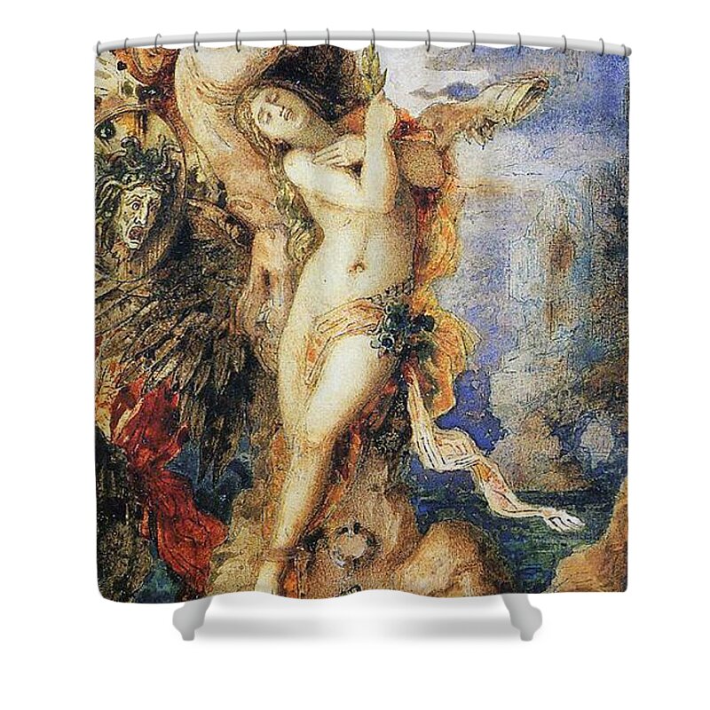 Mythological; Mythology; Greek Myth; Female; Nude; Sacrifice; Chained; Tied; Rock; Sea Monster; Beast; Dragon; Serpent; Rescue; Rescuing; Saving; Male; Pegasus; Horse; Wings; Winged; Shield; Head; Gorgon; Medusa; Rocks; Rocky; Hero; Lovers Shower Curtain featuring the painting Perseus and Andromeda by Gustave Moreau