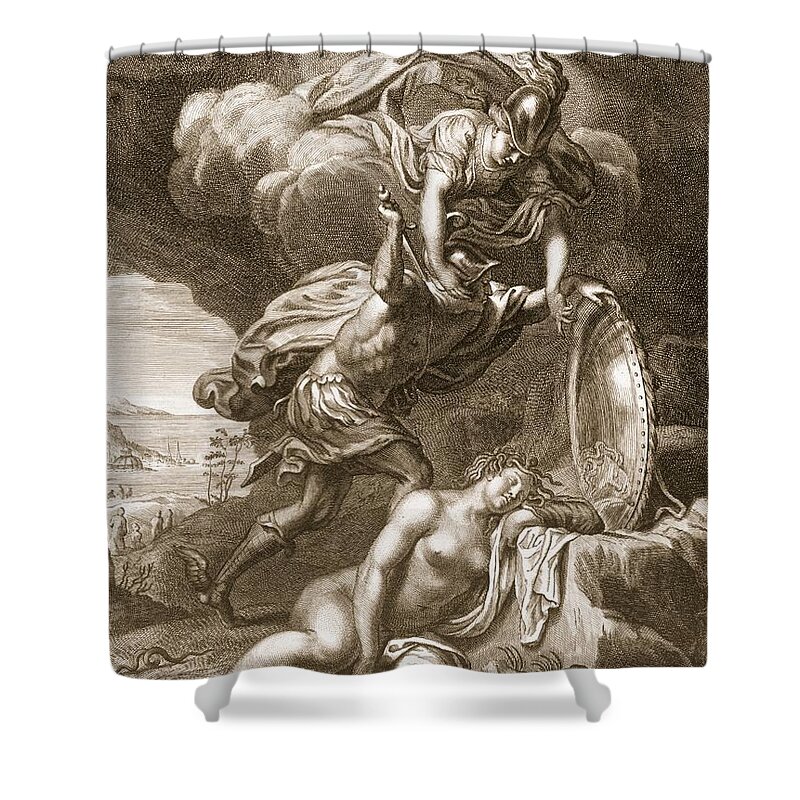 Hero Shower Curtain featuring the drawing Perseus Cuts Off Medusas Head, 1731 by Bernard Picart
