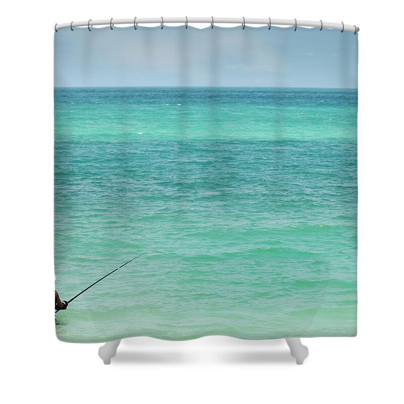 Tranquility Shower Curtain featuring the photograph Person Fishing In Ocean Off Koh Pangan by Paul Taylor