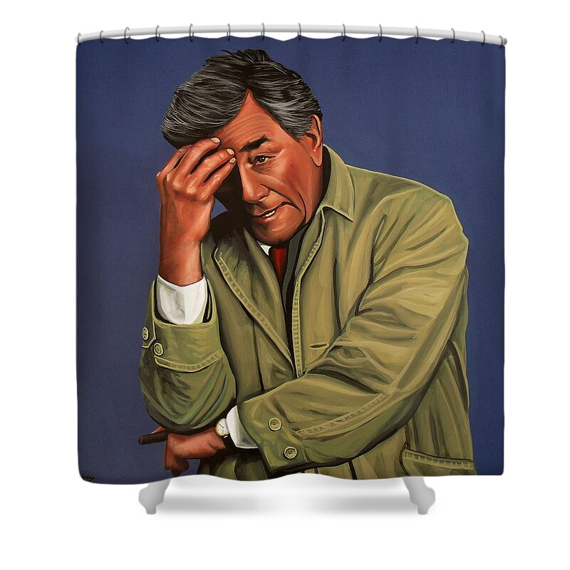 Peter Falk Shower Curtain featuring the painting Peter Falk as Columbo by Paul Meijering