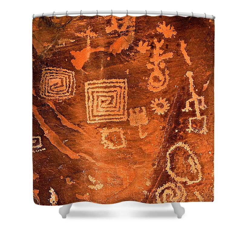 Petroglyphs Shower Curtain featuring the photograph Petroglyph Symbols by Phyllis Denton