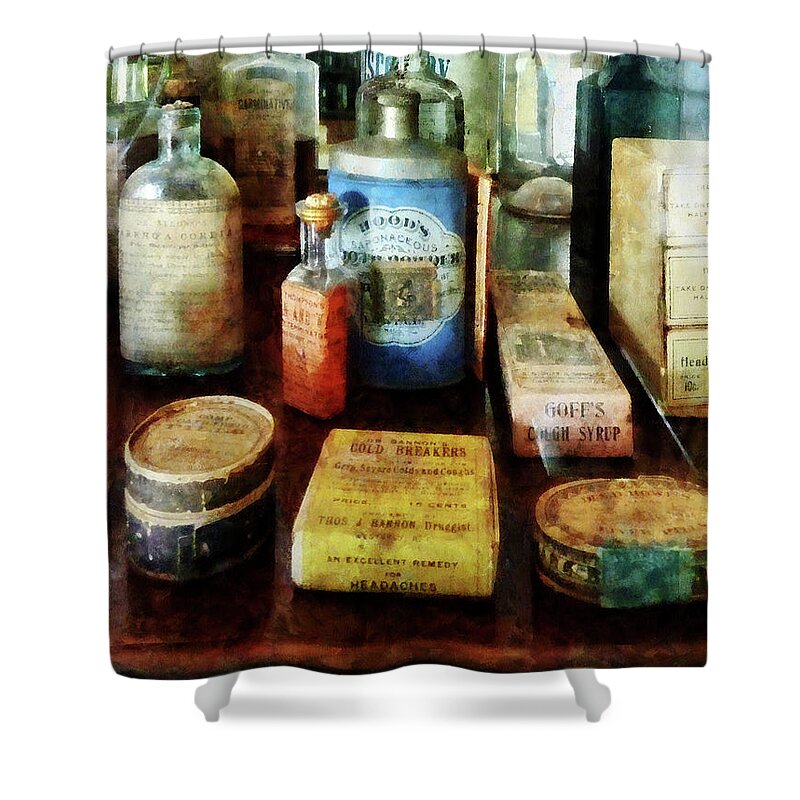 Druggist Shower Curtain featuring the photograph Pharmacy - Cough Remedies and Tooth Powder by Susan Savad