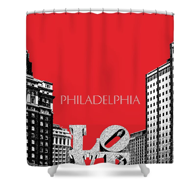 Architecture Shower Curtain featuring the digital art Philadelphia Skyline Love Park - Red by DB Artist