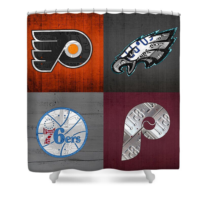 Philadelphia Sports Fan Recycled Vintage Pennsylvania License Plate Art  Flyers Eagles 76ers Phillies Shower Curtain by Design Turnpike - Fine Art  America
