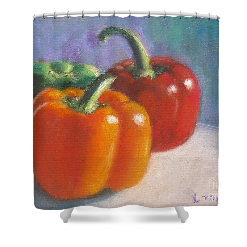 Pepper Shower Curtain featuring the pastel Pick a Pepper by Laurie Morgan