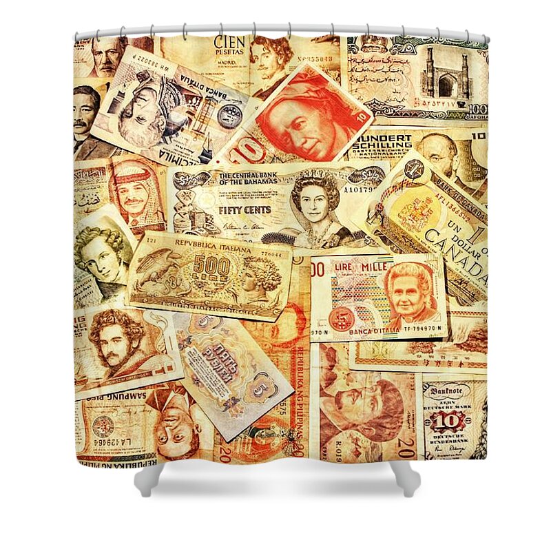 Money Shower Curtain featuring the photograph Pieces of Paper by Benjamin Yeager