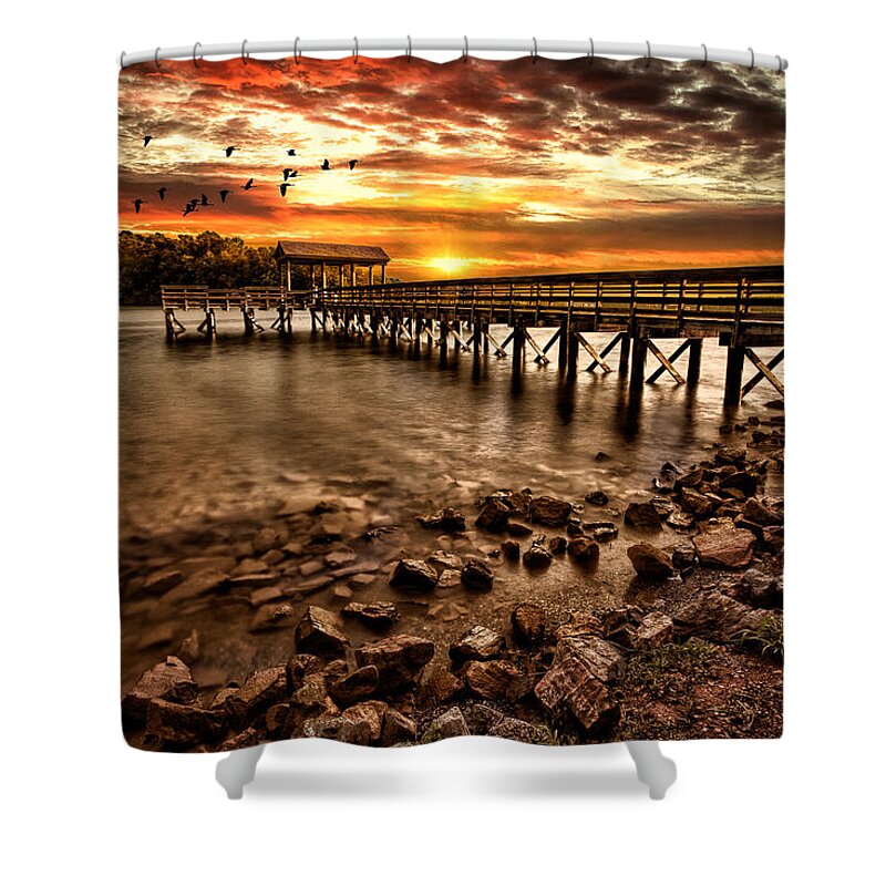 Pier Shower Curtain featuring the photograph Pier at Smith Mountain Lake by Joshua Minso