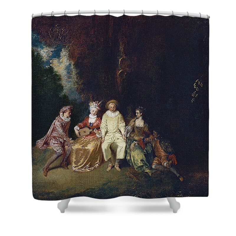 Antoine Watteau Shower Curtain featuring the painting Pierrot Content by Antoine Watteau