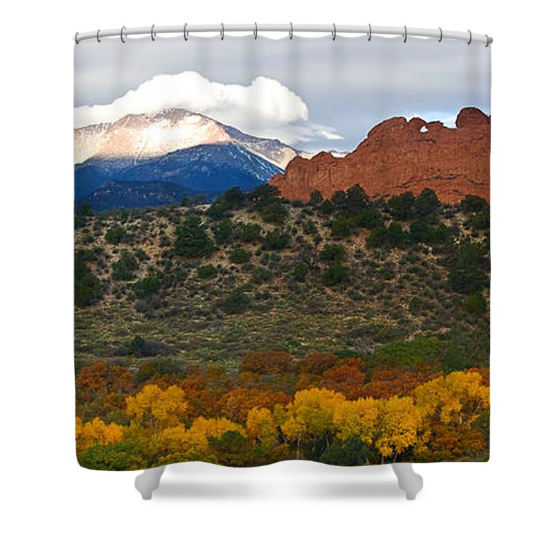 Garden Of The Gods Shower Curtain featuring the photograph Pikes Peak Fall Pano by Ronda Kimbrow