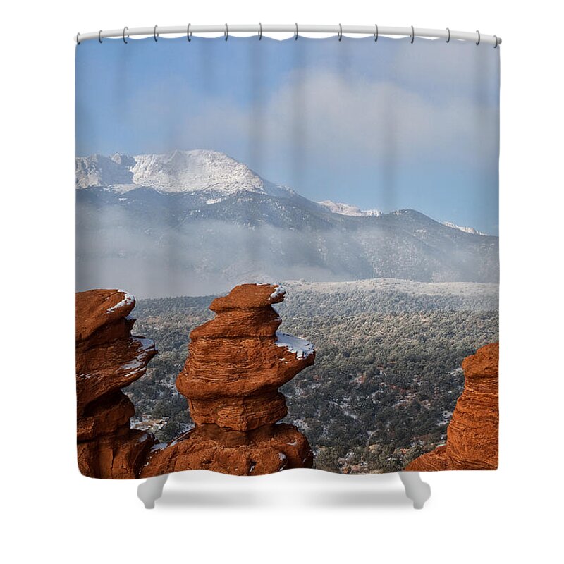 Garden Of The Gods Shower Curtain featuring the photograph Pikes Peak in the Clouds by Ronda Kimbrow