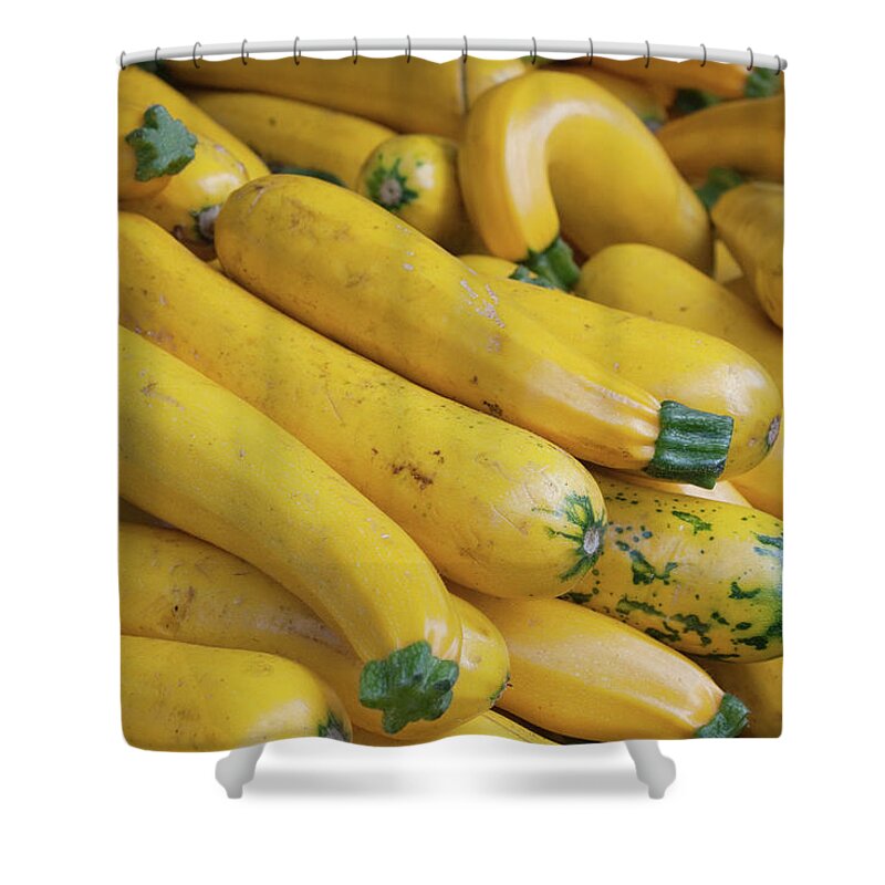 Yellow Shower Curtain featuring the photograph Pile Of Organic Squash At Farmers Market by Roy Hsu