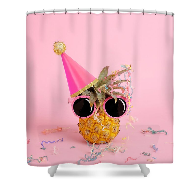 Celebration Shower Curtain featuring the photograph Pineapple Wearing A Party Hat And by Juj Winn