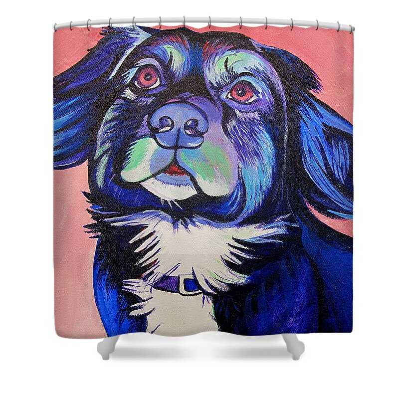 Dog Portraits Shower Curtain featuring the painting Pink and Blue dog by Joshua Morton