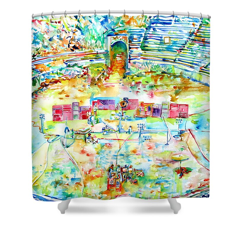 Pink Shower Curtain featuring the painting Pink Floyd Live At Pompeii Watercolor Painting by Fabrizio Cassetta