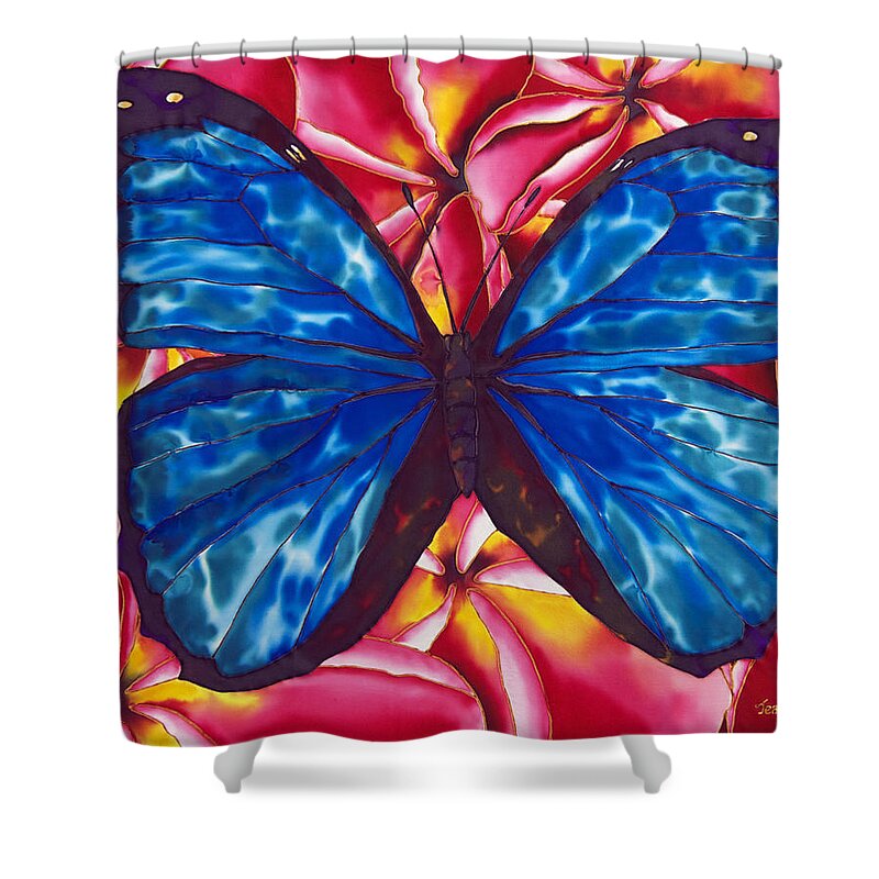 Frangipani Flower Shower Curtain featuring the painting Blue Morpho Butterfly by Daniel Jean-Baptiste