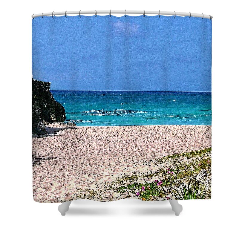 Bermuda Shower Curtain featuring the photograph Pink Sand And Flowers by Judy Palkimas