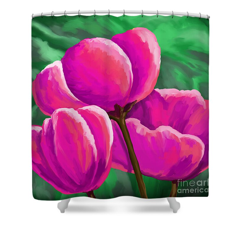 Contemporary Art Shower Curtain featuring the painting Pink Tulips on Green by Tim Gilliland