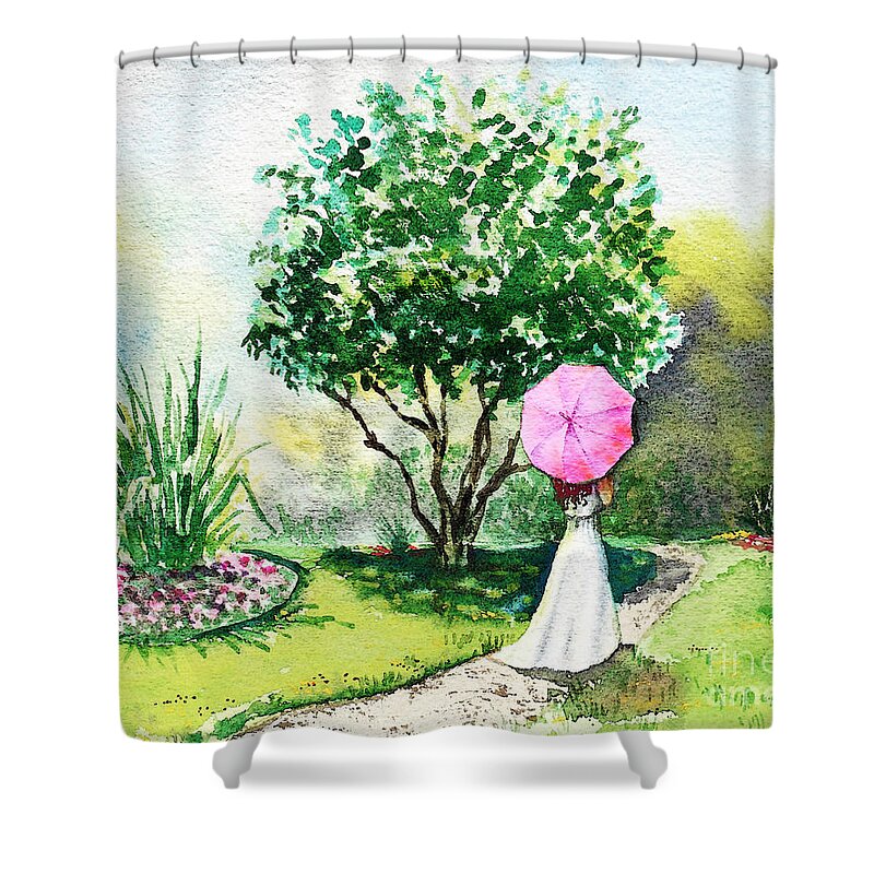 Woman With Umbrella Shower Curtain featuring the painting Pink Umbrella by Irina Sztukowski