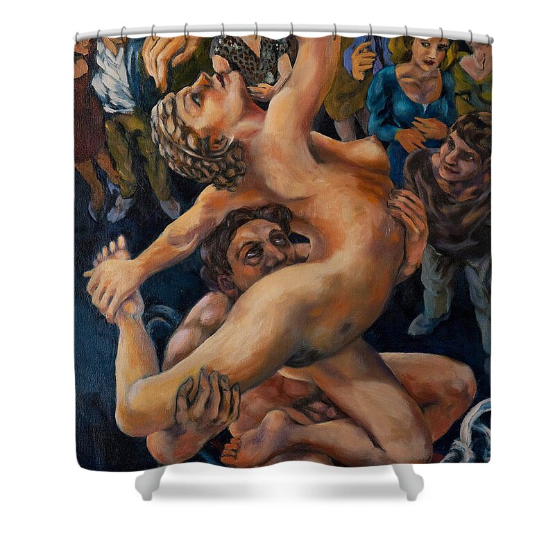 Pirouette Shower Curtain featuring the painting Pirouette on a bicycle seen from above by Peregrine Roskilly