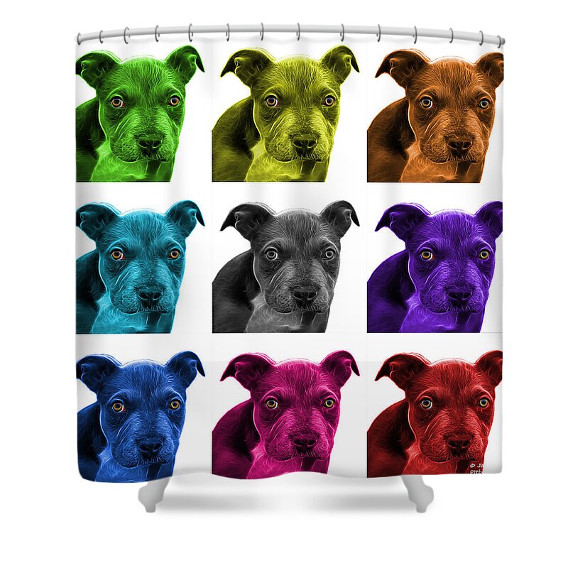 Pitbull Shower Curtain featuring the painting Pitbull puppy pop art - 7085 WB - M by James Ahn