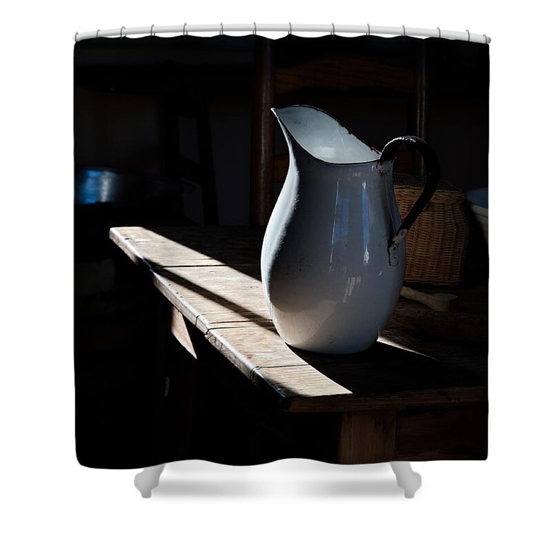 Pitcher Shower Curtain featuring the photograph Pitcher On Table by Ron Weathers