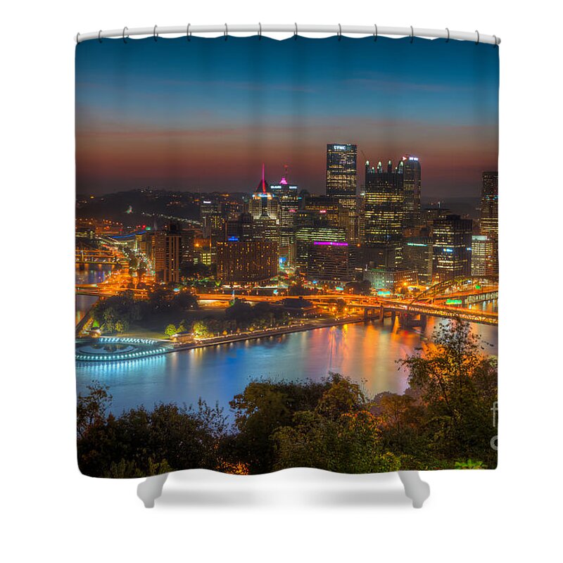 Clarence Holmes Shower Curtain featuring the photograph Pittsburgh Skyline Morning Twilight I by Clarence Holmes