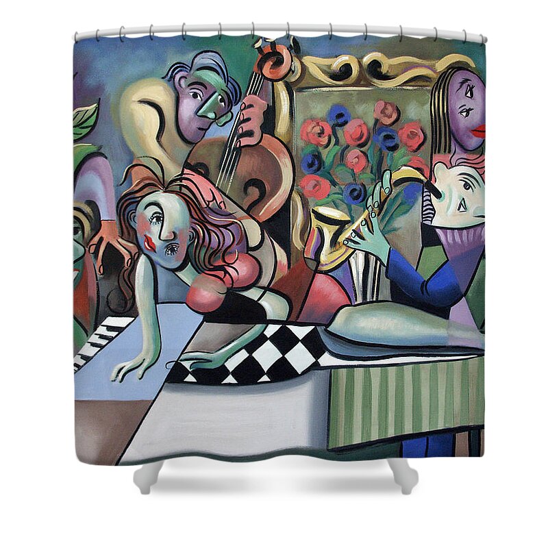 Fridays At Bernies Framed Prints Shower Curtain featuring the painting Play It Again Sam by Anthony Falbo