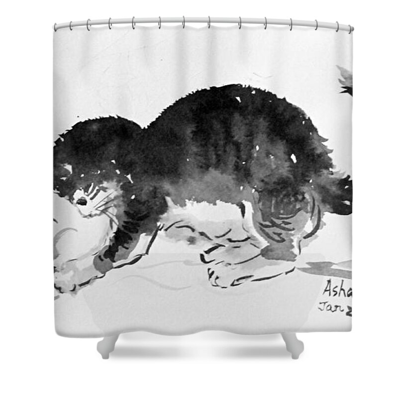 Sumi-e Shower Curtain featuring the painting Playful by Asha Sudhaker Shenoy