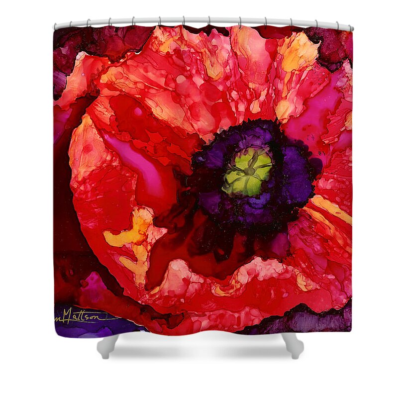 Red Poppy Shower Curtain featuring the painting Playful Poppy by Karen Mattson