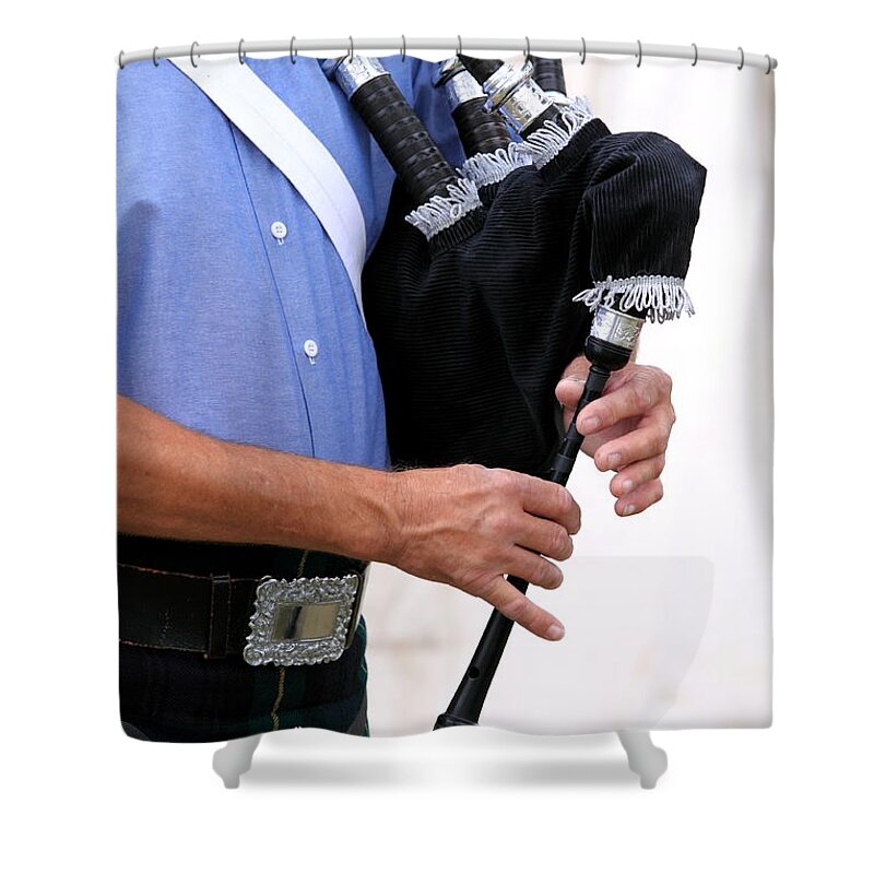 Music Shower Curtain featuring the photograph Playing Bagpipe by Henrik Lehnerer