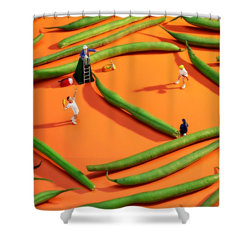 Tennis Shower Curtain featuring the photograph Playing tennis among french beans little people on food by Paul Ge