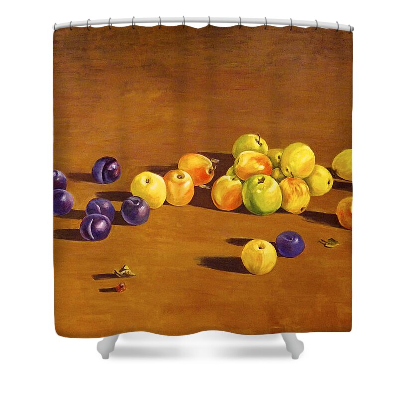 Fruit Shower Curtain featuring the painting Plums and Apples Still Life by Ingrid Dohm