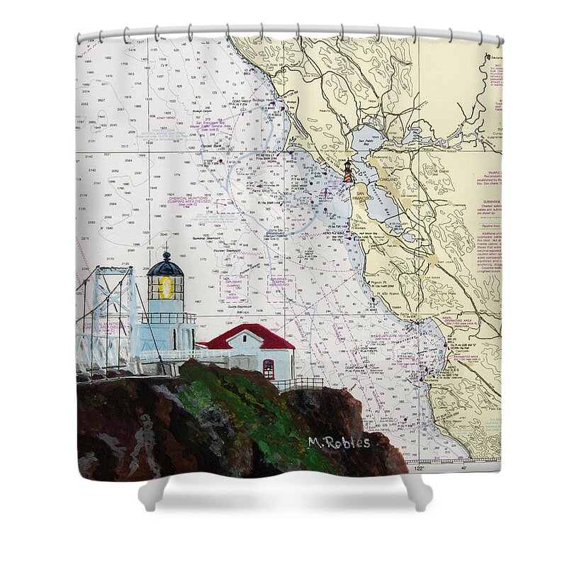 Pacific Coast Shower Curtain featuring the painting Point Bonita Lighthouse on NOAA Nautical Chart by Mike Robles