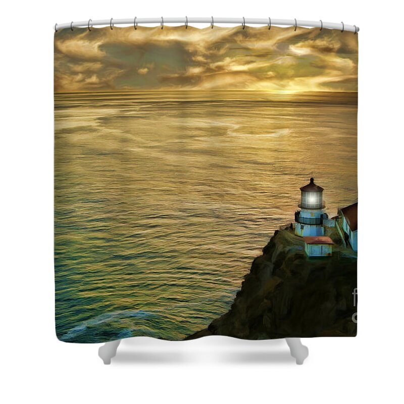 Point Reyes Light House Shower Curtain featuring the photograph Point Reyes Light House Yellow Clouds by Blake Richards